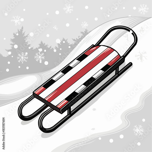 Stylized red and white sled on a snowy hill with pine trees and falling snowflakes for winter sport concept and seasonal outdoor fun