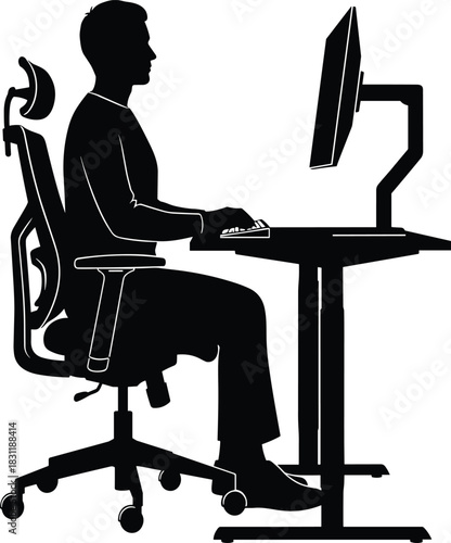 Ergonomic workstation silhouette of person typing at desk with monitor arm, office chair, and ideal posture setup illustration