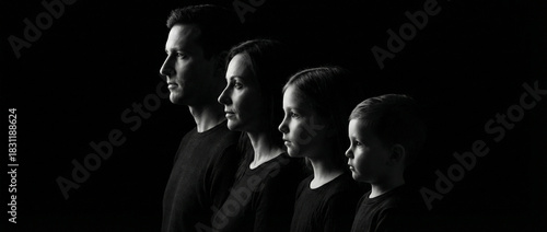 Family portrait in profile with four members against a dark background  