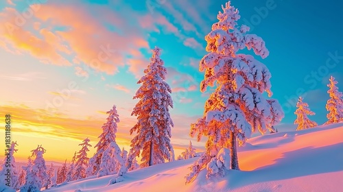 A group of snow covered trees in the middle of a snowy field