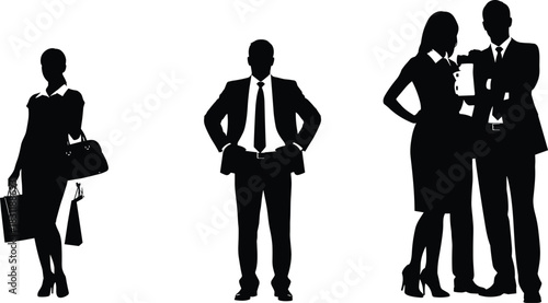 Silhouettes of business professionals in retail, executive, and collaborative poses, symbolizing commerce, leadership, and teamwork