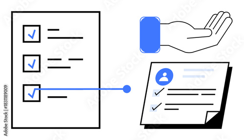 Checklist with marked tasks, hand symbolizing support, and user profile details. Ideal for productivity, organization, planning, teamwork, user information, support services simple flat metaphor