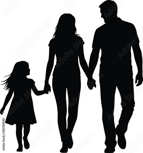 Silhouette of three people walking hand-in-hand, symbolizing family unity, support, love, and togetherness across generations