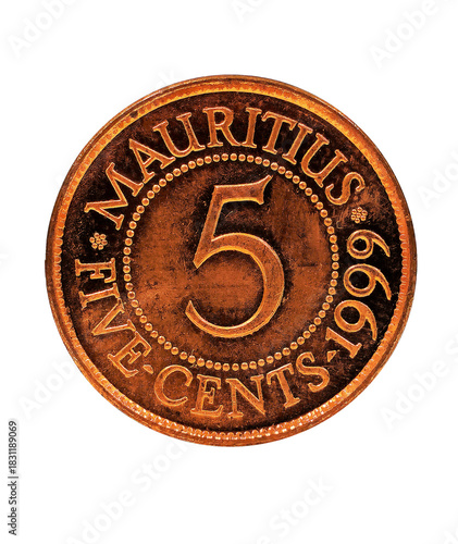 Obraz na plátne Mauritius 5 cents coin from 1999 isolated on a white background.
