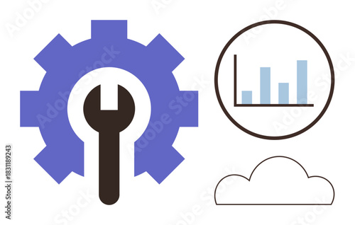 Gear with wrench symbolizing tools and settings, bar chart inside circle for analytics, cloud hinting at cloud computing. Ideal for technology, business, data, analytics, cloud, optimization
