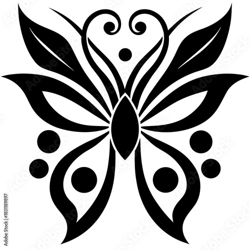 Stylized black butterfly illustration with floral elements on transparent background