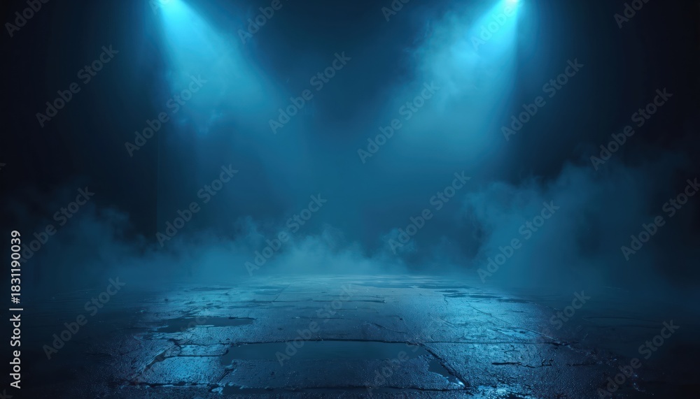 Naklejka premium Empty dark stage studio room with blue neon light spotlights, rising smoke. Cracked asphalt floor wet puddles reflecting light. Moody background scene creates atmosphere for presentation, concert,