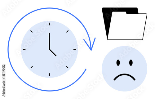 Data loss concept. Clock with arrow, file folder, and sad face depicting data recovery, loss prevention, and time management challenges. Ideal for cybersecurity, backups, tech tutorials and file