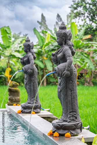 Ubud Bali Indonesia 13 11 2025  – Close-up of a stone fountain statue pouring water into a pool, with lush green rice terraces in the background.