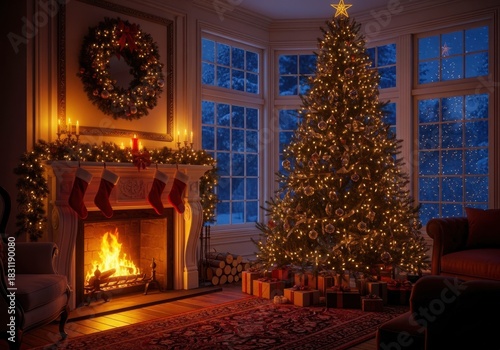 Wallpaper Mural Cozy christmas living room scene with a brightly lit tree, roaring fireplace, and stockings hung by the mantel Torontodigital.ca