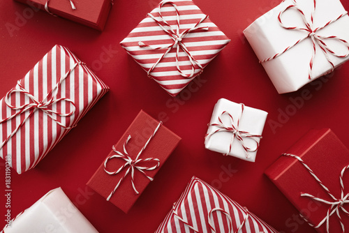 Color gift boxes on color background, flat lay