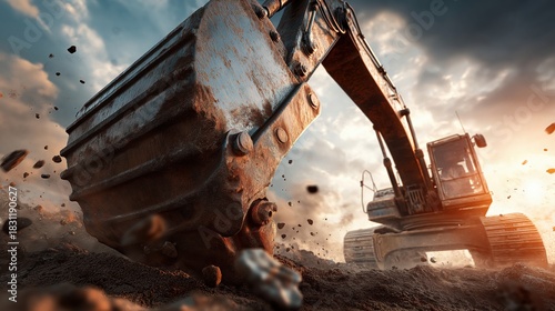 Dramatic low angle view of heavy excavator bucket digging dirt at construction site at sunset