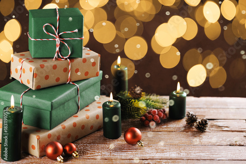 Christmas gift boxes with decoration on the table
