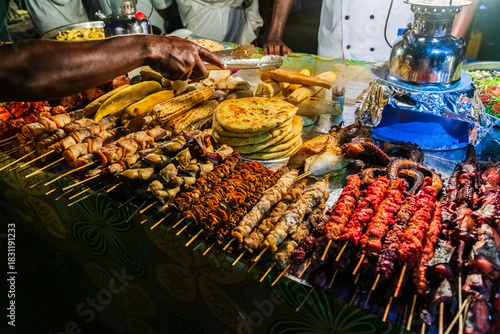 Different seafood for sale at the Forodhani gardens in Stone town at night. Zanzibar, Tanzania