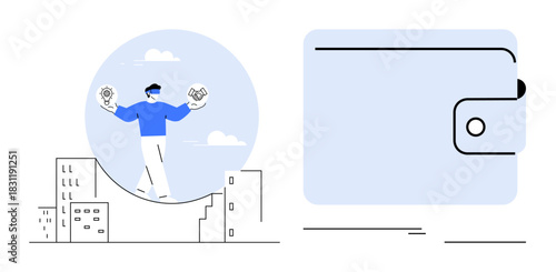 Individual standing above buildings balancing coins and gears highlights financial and operational balance. Wallet indicating savings, finance, and budgeting. Ideal for business, finance, technology