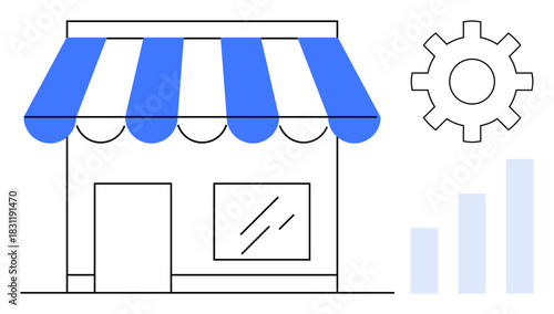 Small business concept. Small business storefront with analytics chart and gear development. Small business growth, management, and performance optimization. For startups, e-commerce, strategy