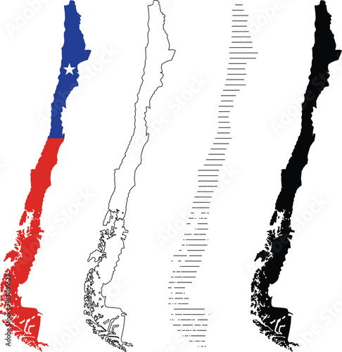 Chile map vector illustration set. includes flag, outline, hatched, and solid silhouette versions of the country's geography