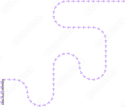 Curved arrow sequence forms an irregular zigzag route with flowing squared-wave motion creating a continuous neon path contour.
