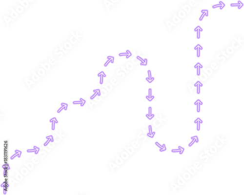 Arrow sequence bends into squared wave motion forming a continuous flowing neon route with rhythmic directional contour.