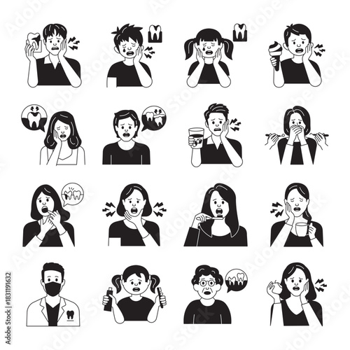 Vector set showing toothache, gum pain, sensitivity and dental symptoms in men, women and children. Perfect for dental clinics, health education, infographics and medical content.