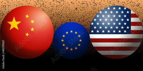 China ,USA flags ball pressure over Europe Union. Concept of 
Partnership influence, crisis, competition tensions, tax, tariffs, trade, sanctions, duties partnerships between United States and Europe