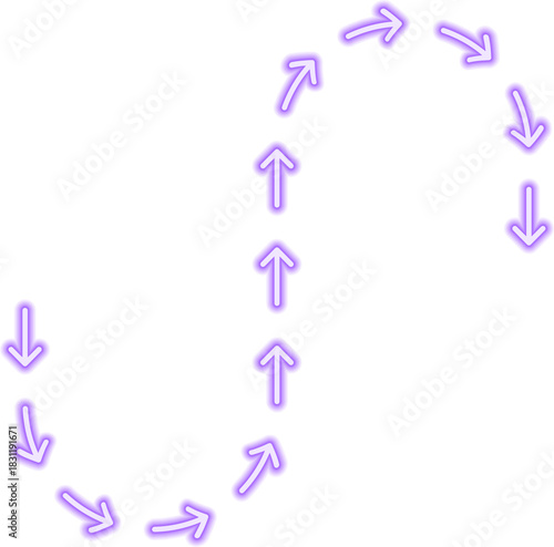 Maze-like arrow sequence adopts irregular turns blended with squared wave motion forming a dynamic neon contour.