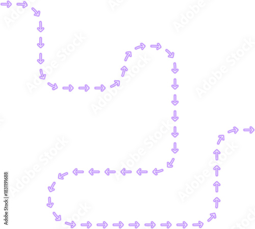 Irregular arrow direction flows through squared path segments creating an angular neon route contour.