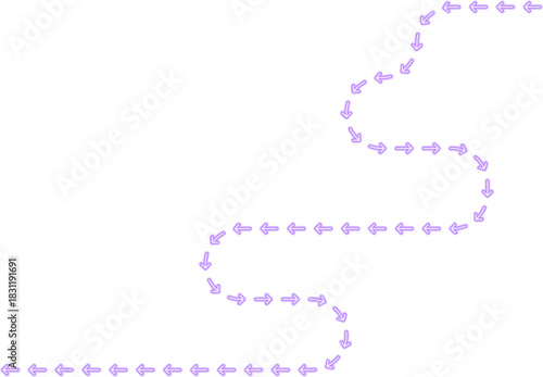 Elongated arrow structure follows a labyrinth path pattern combined with zigzag shifts forming an extended neon contour.