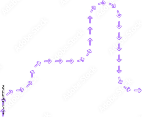 Arrow path shifts through irregular bends connected by squared wave transitions forming a layered neon contour.
