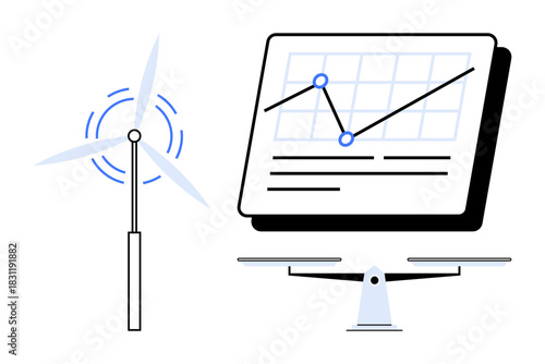 Wind turbine, financial data chart, and balancing scale highlight energy production, resource optimization, and cost efficiency. Ideal for sustainability, energy strategy, analytics, efficiency