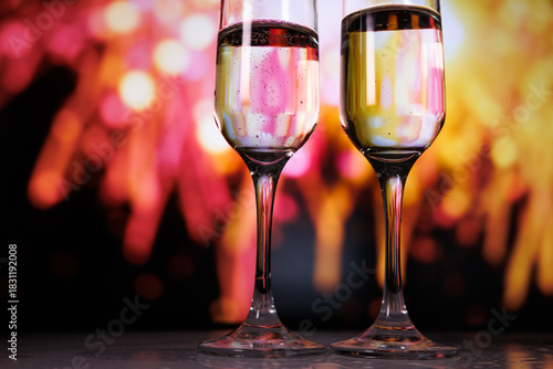 Two glasses of champagne against a backdrop of fireworks