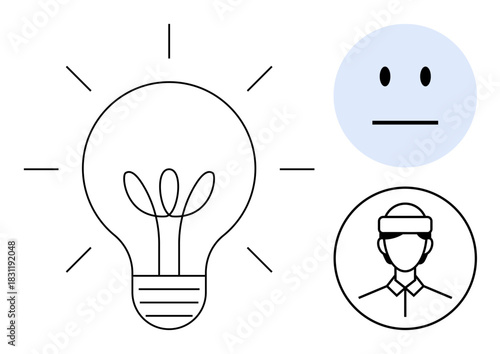 Light bulb with sprouting plant symbolizing growth, neutral emoticon, professional avatar in cap ideal for creativity, innovation, mindfulness, professionalism, simplicity, potential adaptability. A