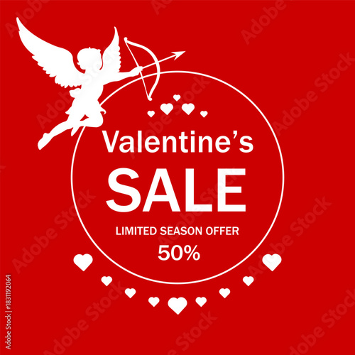 Valentine’s Day sale banner.Design Template with Hearts and Cupid Holding bow and arrow.Sale offer price sign.Vector banner.Discount text.