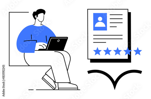 Person working on laptop next to a professional profile with stars symbolizing ranking and evaluation. Ideal for recruitment, HR processes, online reviews, job search, career growth, talent