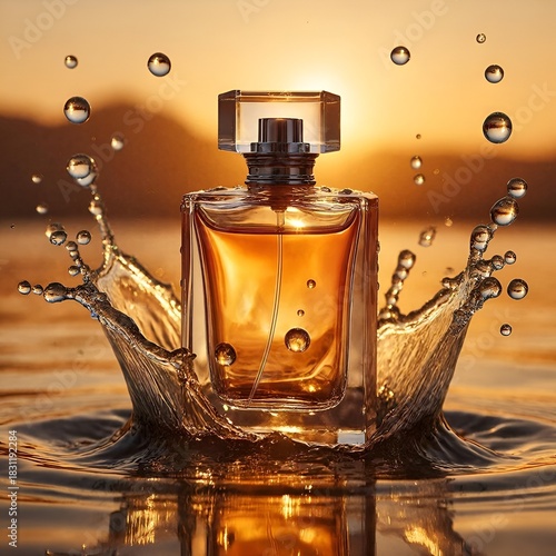 Glass perfume bottle splashing in water with sunset background  