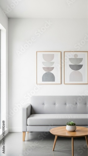 Wallpaper Mural Minimalist living room interior featuring a gray sofa, wooden coffee table with a succulent, and two framed geometric art prints on a white wall. Torontodigital.ca