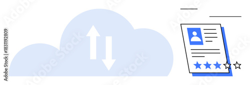 Cloud with arrows symbolizing upload and download next to a user profile card showing ratings. Ideal for technology, data exchange, feedback systems, user evaluation, digital marketing, customer