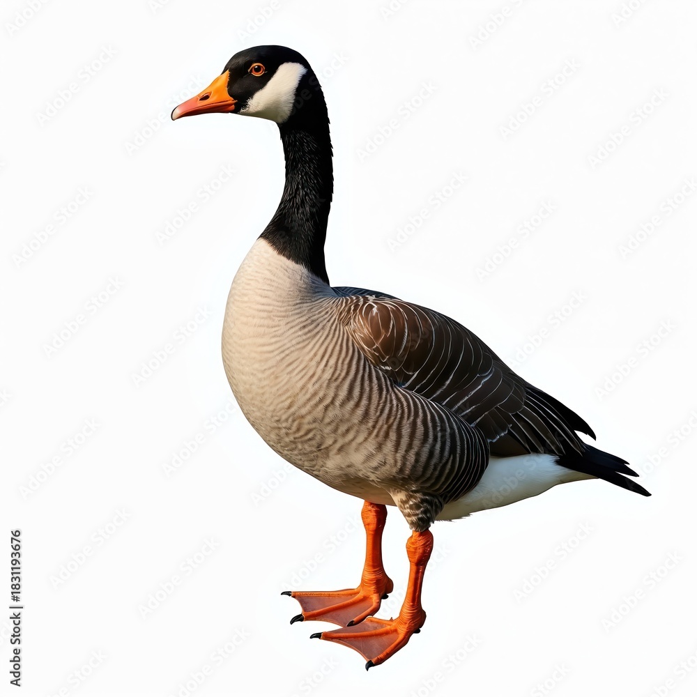 Obraz premium Goose portrait isolated on plain background. Bird gray feathers, orange beak. Wild fowl looks to left side. Animal stands tall with long neck against white. Ornithology concept. Farm animal