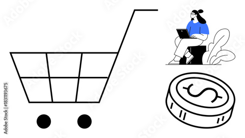 Online shopping concept. Online shopping is with a cart, a coin for digital payment, and a consumer using a laptop. Online shopping for e-commerce, fintech, or digital retail industries