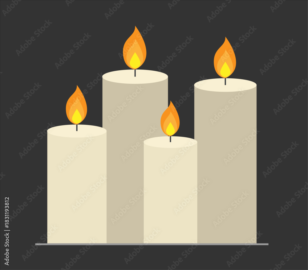 Fototapeta premium Cuatro velas encendidas en fondo oscuro ilustración vectorial plana de ambiente cálido