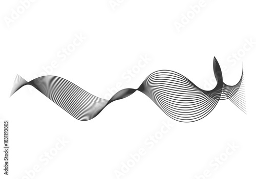Forma de onda abstracta y fluida en líneas negras y grises sobre fondo blanco 