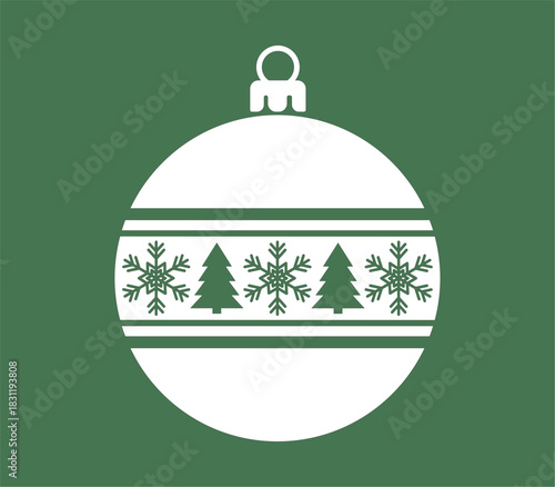 Silueta minimalista de bola de navidad con diseño de copos de nieve y árboles sobre fondo verde