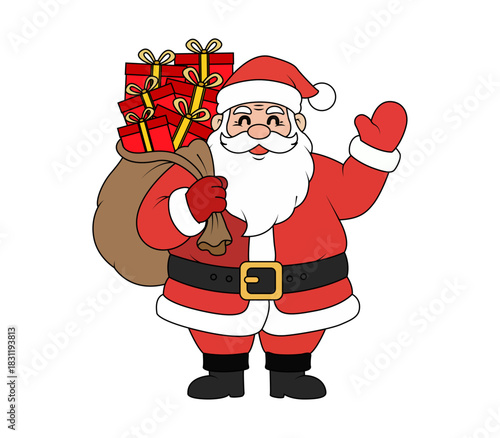 Papá noel con barba blanca y saco lleno de regalos rojos sonriendo y saludando