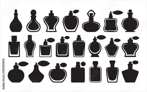 Collection of various perfume bottle silhouettes on white background