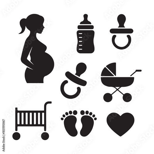 Maternity and Baby Care Silhouette Icon Set