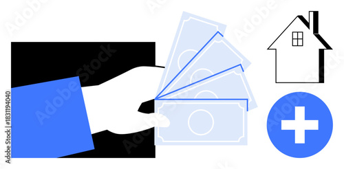 Hand holding cash, house outline, and medical cross highlight financial aid, investment, real estate, healthcare, budgeting, giving and debt management. Ideal for simple flat metaphor