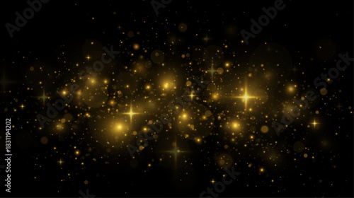 Light path with glowing bokeh and floating dust particles. Bright holiday sparkle with shiny stars and magical glow.