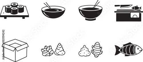 Japanese Food Icons: Sushi, Soup, Fish, Ginger, and More
