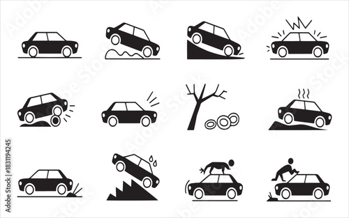 Car accident and breakdown icons set on white background