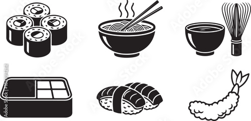 Japanese Food Icons: Sushi, Ramen, Bento Box, Tempura, and Tea Set